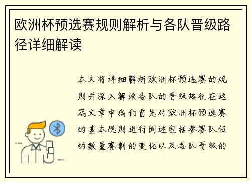 欧洲杯预选赛规则解析与各队晋级路径详细解读