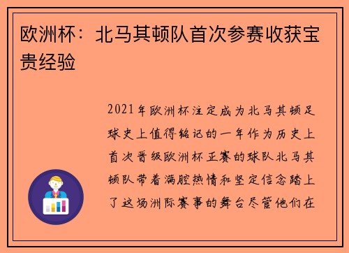 欧洲杯：北马其顿队首次参赛收获宝贵经验