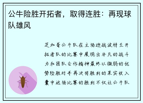 公牛险胜开拓者，取得连胜：再现球队雄风